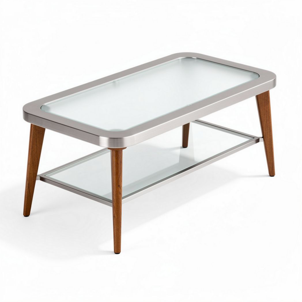 Glazen salontafel met metalen rand en houten poten 100 x 50 x 45cm