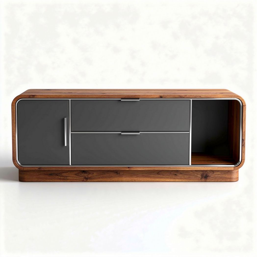 Houten tv-meubel met grijze lades en open vak 120 x 45 x 40cm