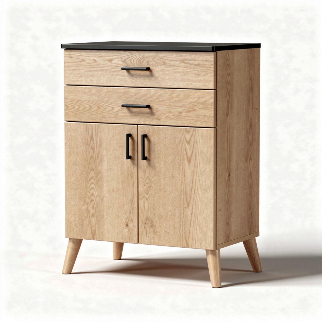 Houten kast met zwart bovenblad en twee lades 80 x 40 x 100cm