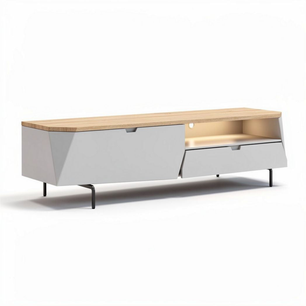 tv-meubel met witte kast en eiken houten bovenblad 150 x 40 x 45cm