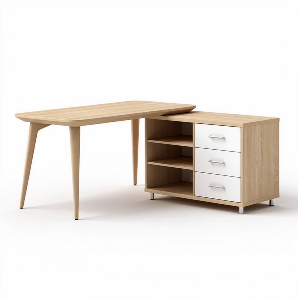 Bureau in beige hout met opbergkast en drie lades 150 x 70 x 75cm