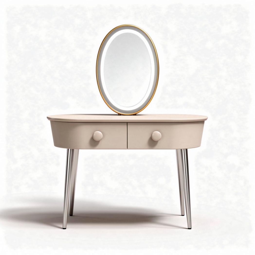 Kaptafel met ovaal spiegel en twee lades in beige en metalen poten 100 x 40 x 75cm